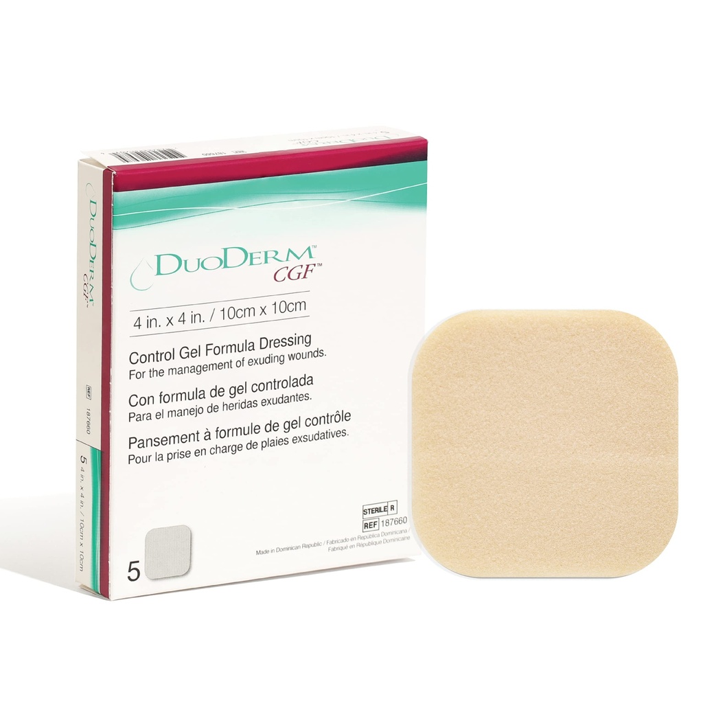 Convatec DuoDERM Control Gel Fórmula 4"x4" Sterile Sterile Adhesive Dressing for Partial and Full-Thickness Wounds, Medical Grade, Latex-Free, Waterproof, Square, Beige, 5ct Box