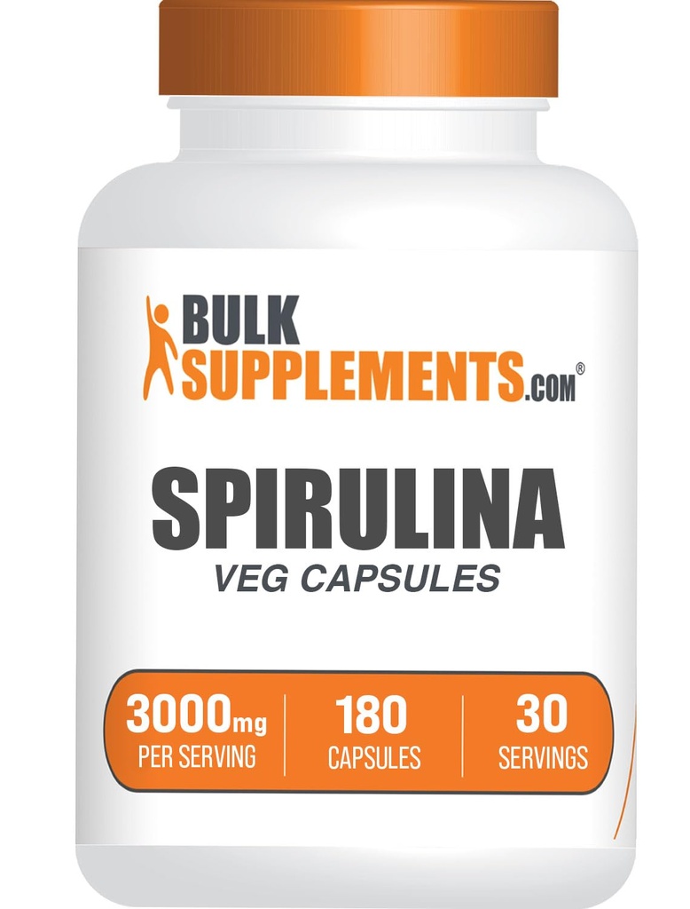 BulkSupplements.com Spirulina Capsules - Suplemento de Superalimentos Verdes, Suplemento de Spirulina - Vegan, 6 cápsulas por Serving, 180 Cuenta (Pack of 1)