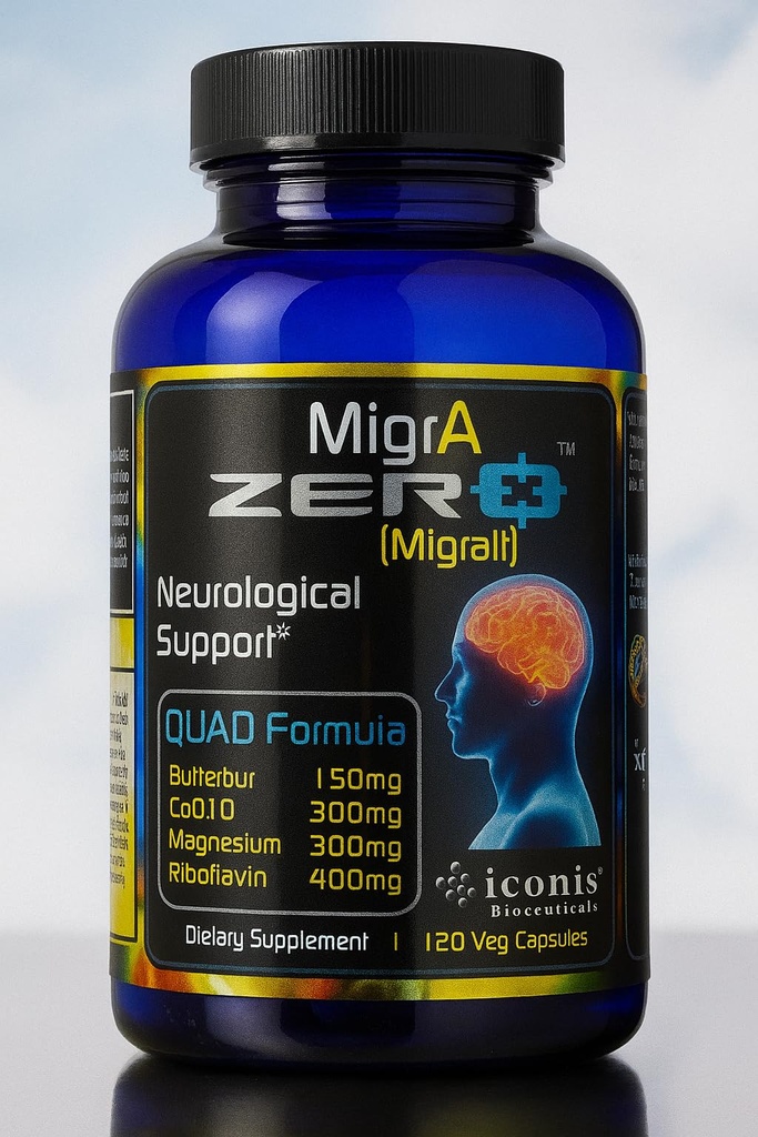 Migraine Relief, Quad-Formula with PA-Free Butterbur (150mg), CoQ10 (300mg), Magnesium Glycinate (300mg), High-Dose Riboflavin (400mg) - MigrA Zero (120 caps) Optimal Dosificación para Sufridores Migranos