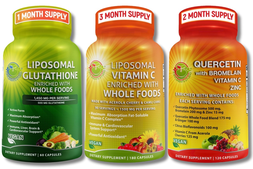 SUPPLEMENTOS STUDIO High Absorption Antioxidant &amp; Immune Support Bundle – Liposomal Vitamina C 1500mg + Glutathione 500mg + Quercetina con Bromelaina, Zinc &amp; Whole Food Blend – Vegan, Non-GMO Capsules