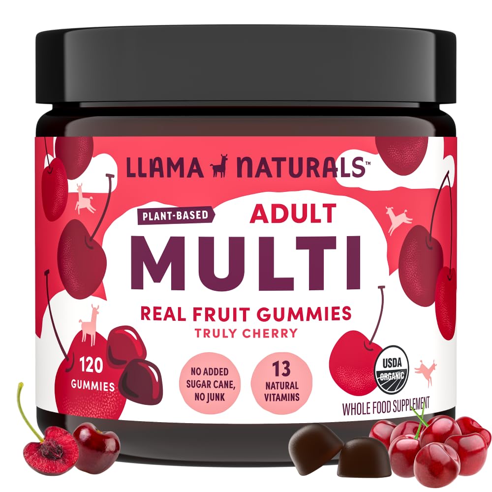 Llama Naturals Multivitamínico para Mujeres y Hombres, Vegan, Gummies Orgánicas con Vitamina D, C y K, Adultos Real Frutas Gummy Vitaminas, Suplemento Multivitamínico Chewable, No Añadido caña de azúcar, cereza, 120 Ct