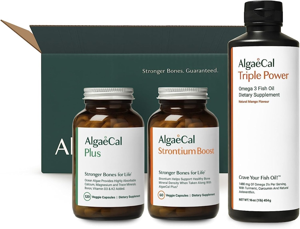 ALGAECAL Kit de Bienvenida - Bone Builder Pack, Suplemento de calcio basado en plantas " Strontium, 16 nutrientes para la salud ósea + EPA " DHA Omega 3 Fish Oil, Supporting Brain, Heart, Skin & Bones, Made in USA