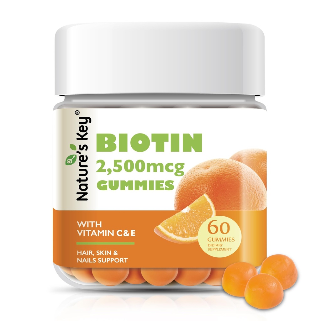 Las claves de la naturaleza Biotina Gummies con vitamina C y E, Apoyo Pelo uñas Crecimiento & Hermosa piel para mujeres hombres y niños, Vegan, Orange Flavors 60 cuenta