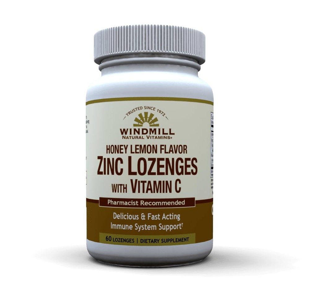 Windmill Health Products Vitaminas Naturales Zinc Lozenges with Vitamin C Honey Lemon Flavor, Immune System Support, Provides Antioxidant Support, Delicious & Fast Acting, 60 Lozenges, 60 Servings.
