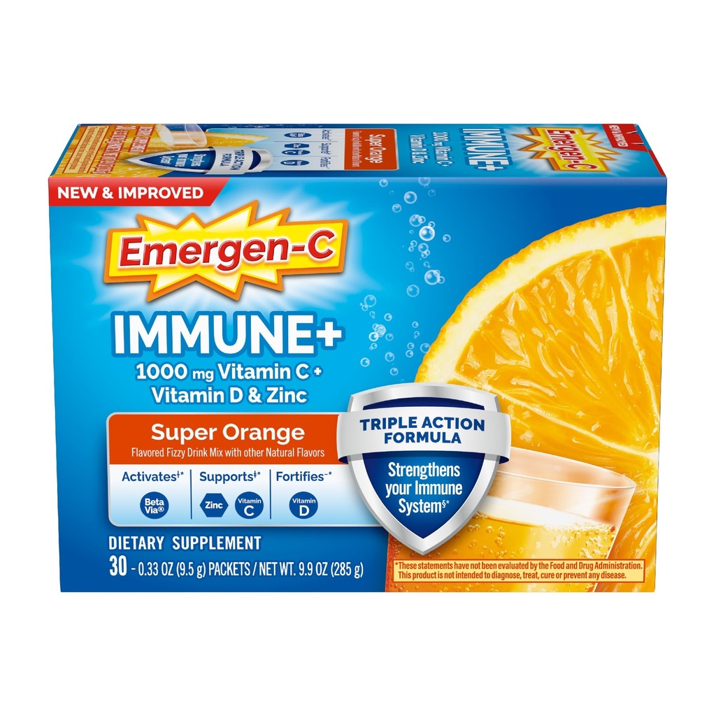Emergen-C Immune+ Triple Action Immune Support Powder, BetaVia (R), 1000mg Vitamina C, B Vitaminas, Vitamina D y Antioxidantes, Super Orange, Volver a Esenciales Escolares – 30 Cuenta