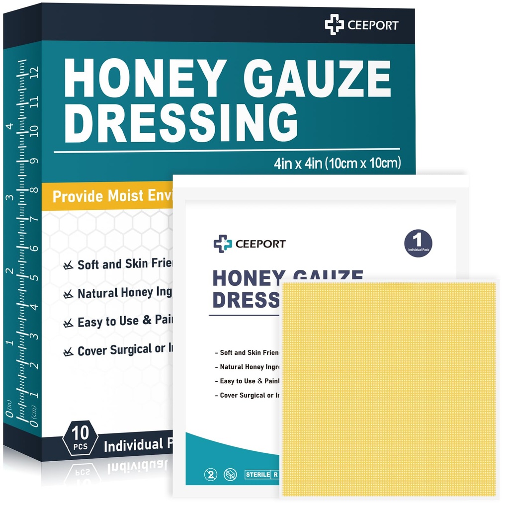 Miel Gauze Wound Dressing, 4" x 4" Manuka Honey Wound Care, Medical Grade Honey Bandages for Wound Care, Honey Patch for Faster Healing from Burns, Abrasions, Cuts and Scalds (Pack of 10)