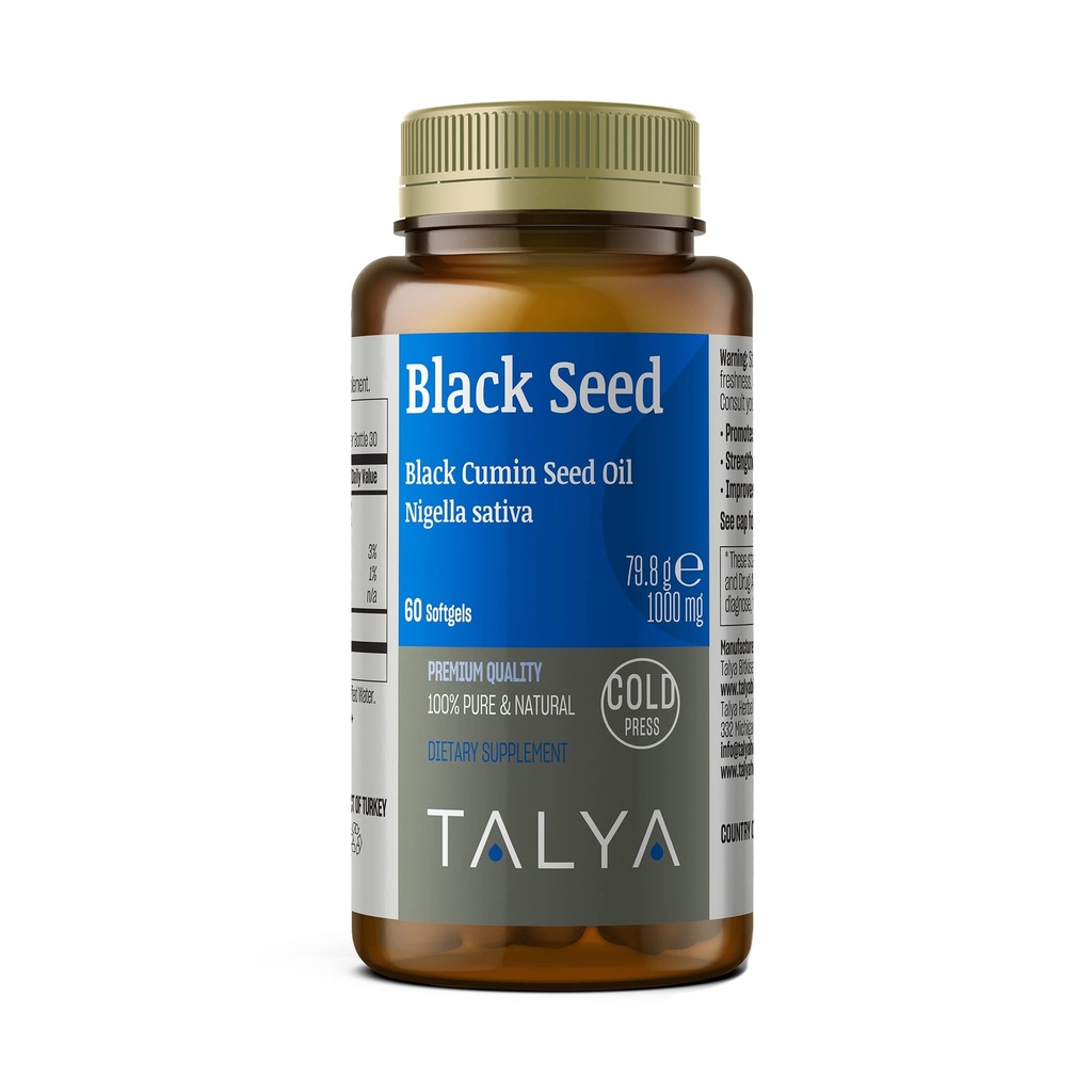 TALYA Black Seed Oil Softgel with High Thymoquinone - Immune Support - Digestive Health - Brain Function - Mix Mobility - Cold-Pressed from Non-GMO Turkish Black Cumin Nigella Sativa Seeds