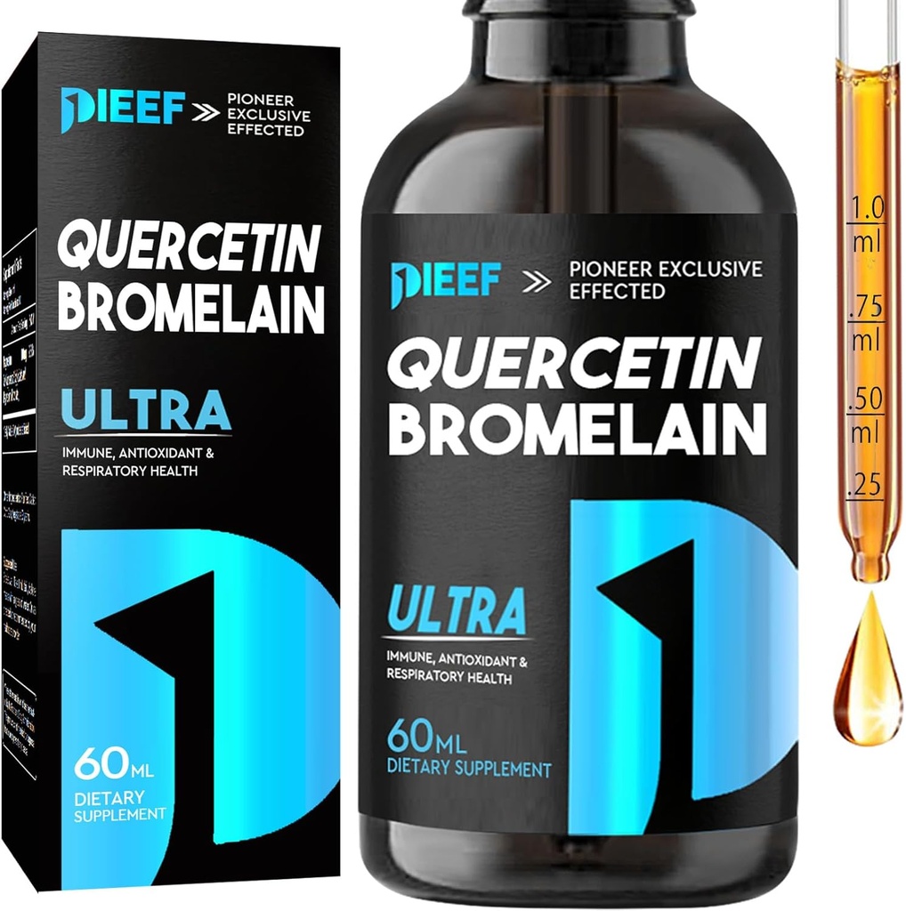 Quercetina con gotas líquidas de bromelaina, Quercetina Suplementos 1000mg, Salud respiratoria Immune Complex Support, 7-in-1 Quercetin Liquid Drops with Zinc
