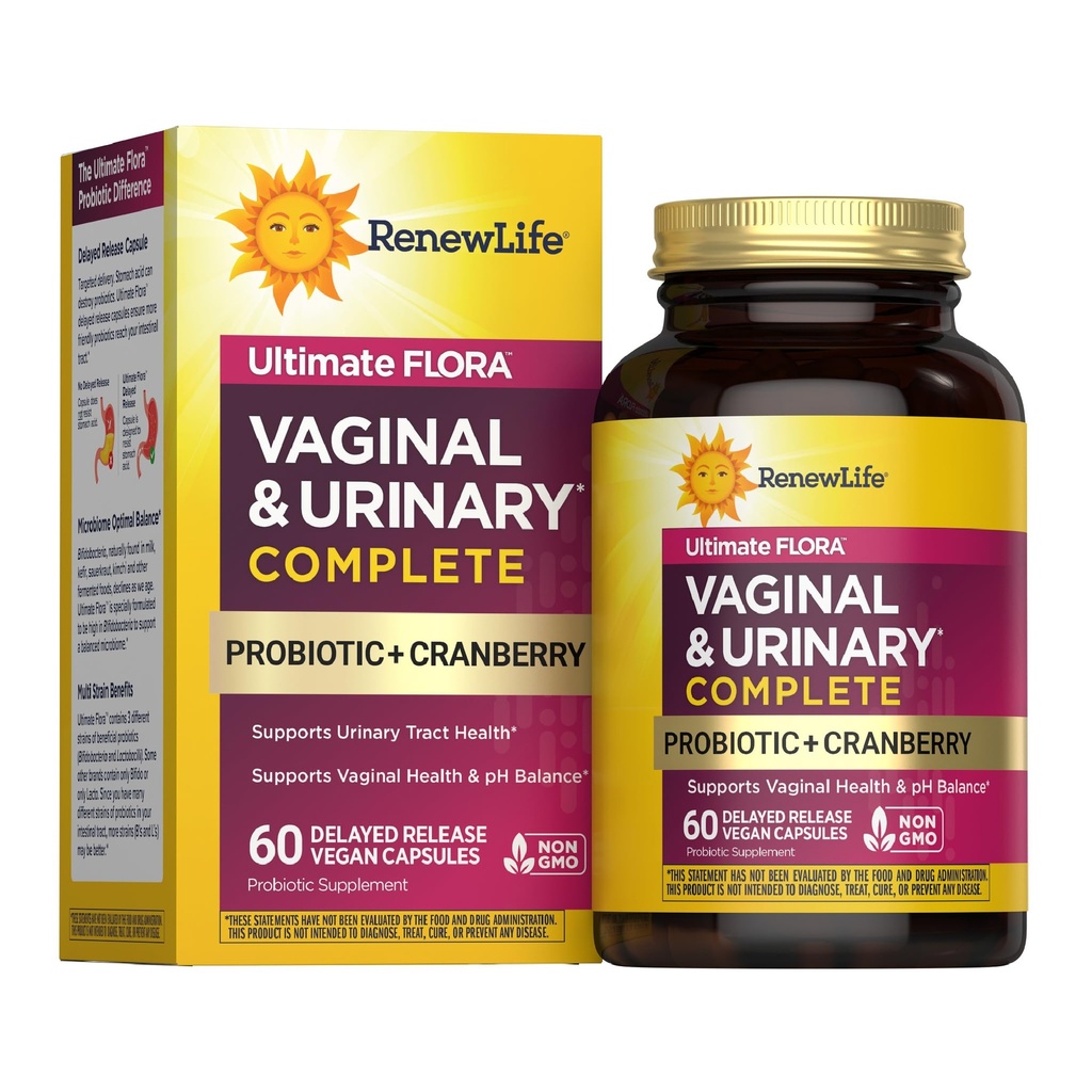 Renovar el bienestar de las mujeres de la vida Vaginal y suplemento urinario probiótico y de arándano, suplemento probiótico para el equilibrio de pH para las mujeres, salud digestiva, lácteos, soya y libre de gluten, 3,5 millones CFU 60 Ct