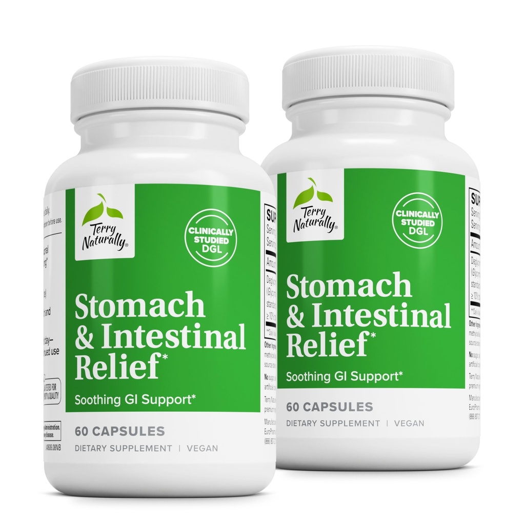 Terry Naturalmente Stomach " Alivio intestinal - Suplemento de Ayuda Digestivo Salud " Intestinal Lining - Ayudas contra el estrés ocasional Digestivo a Soothe Stomach - 60 cápsulas (2 Pack)
