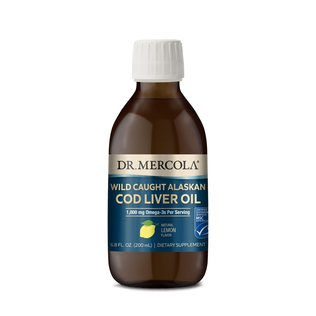 Dr. Mercola Wild Caught Alaskan Cod Liver Oil, 6.8 Fl. Oz. (200 mL), 40 Servings, 1.000 mg Omega-3s Por Serving, Suplemento dietético, soporta Función cerebral y cognitiva, Non-GMO, MSC Certified