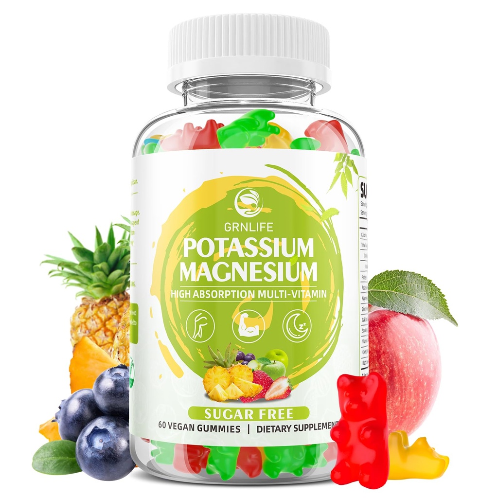 Potasio Magnesio Suplemento Gummies, Potasio Gummies para Adultos Niños, Alta Absorción Magnesio Glycinate para Leg Cramps & Immune Health, Libre de Azúcar, Vegan Mixed Flavors, 60 Condes