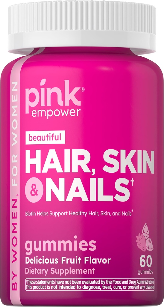 PINK Hair Skin Nails Gummies Silencio 60 Conde ← Plus Collagen " Biotin ← Vitaminas libres para las mujeres con sabor a fresa