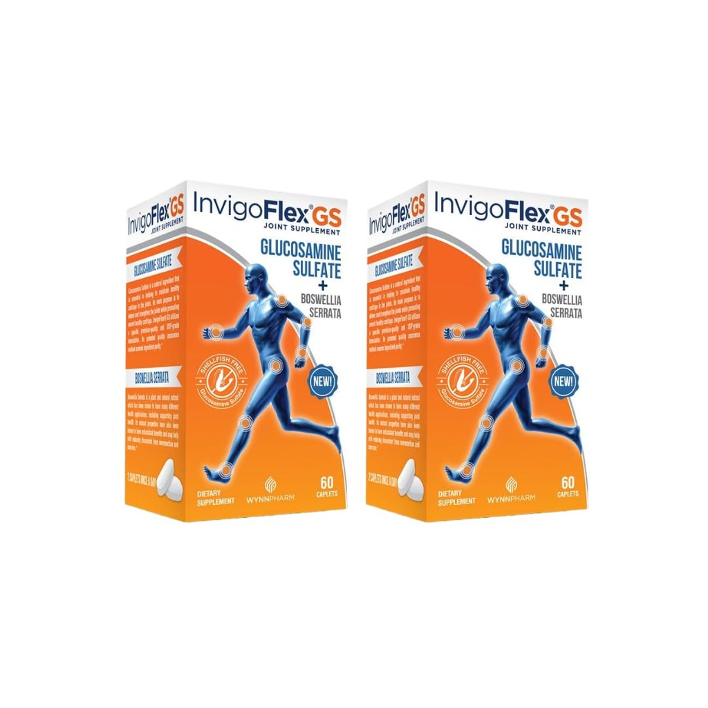 Sulfato de Glucosamina INVIGOFLEX (Shellfish Free, Sodium Free &amp; Vegetarian Safe) No GMO, Gluten Free - con Boswellia Serrata - Suplemento Conjunto Premium GS - 2 Pack