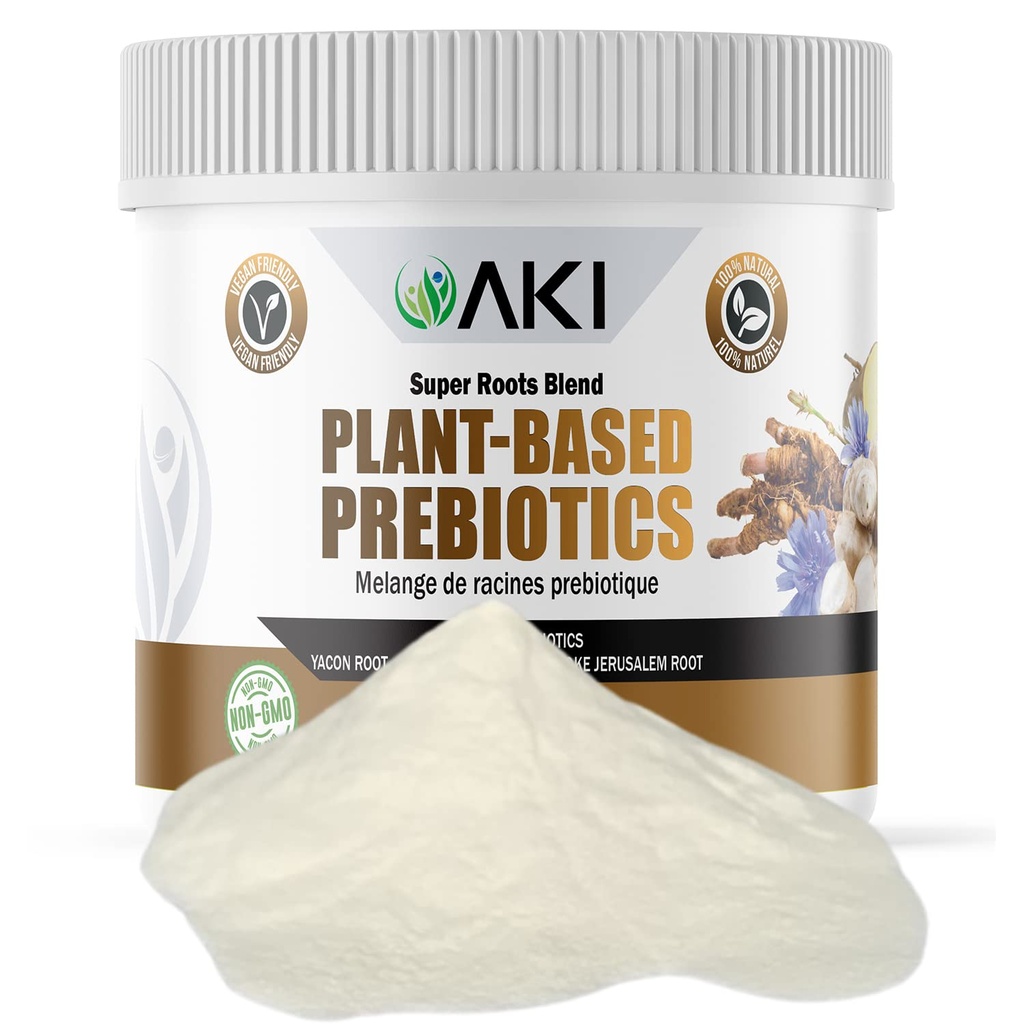 Blend Prebiótico de base vegetal AKI (6oz/170g) - Fuente ideal de FOS & Inulina - Flora intestinal nourca &amp; inmunidad - Ideal para sacudidas proteínas, jugos, smoothies - Keto Friendly, Vegan, Gluten &amp; GMO Gratis