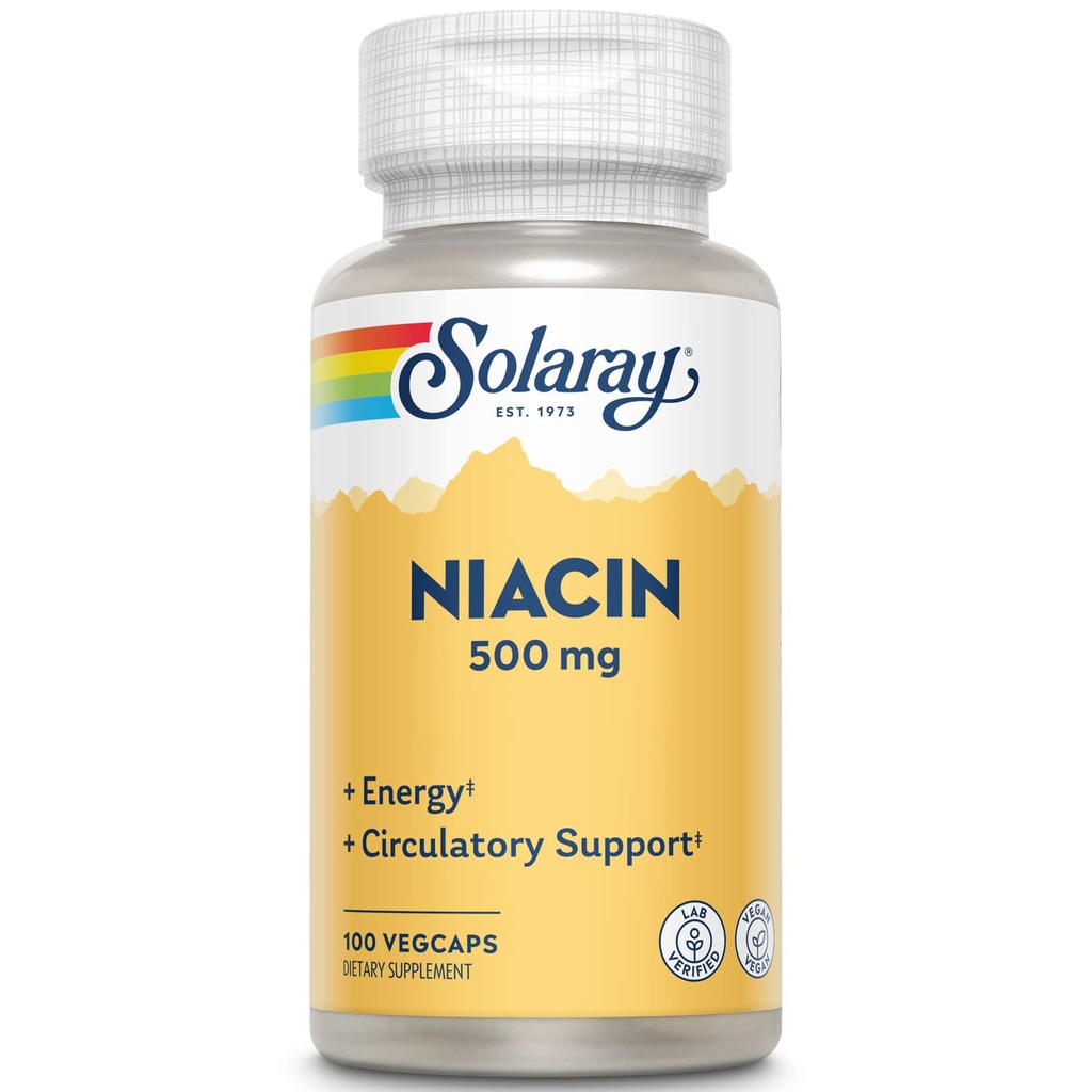 SOLARAY Niacin 500 mg, Vitamina B3 TENIDO Skin Health, Nervous System " Circulation Support TEN 100ct