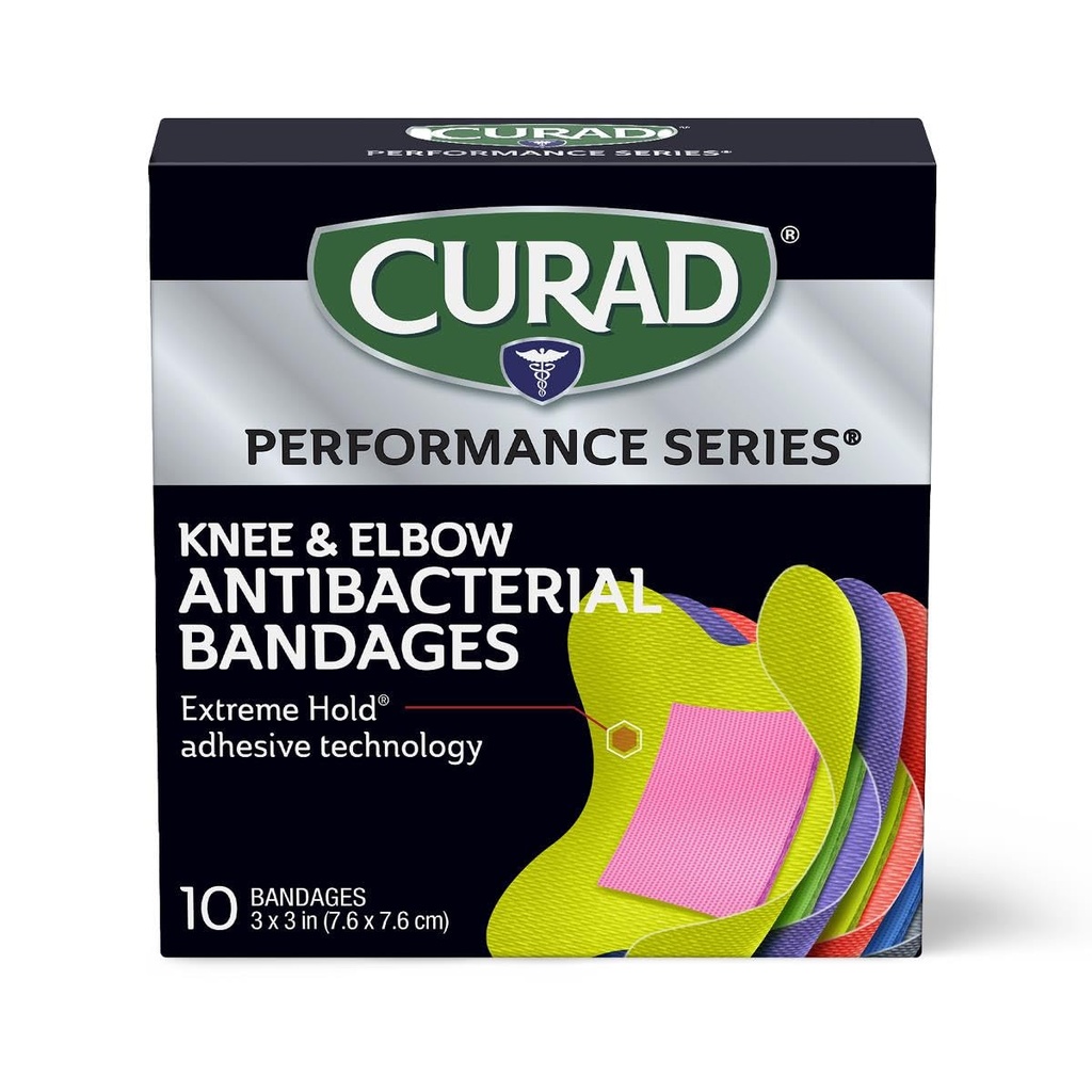 CURAD Performance Series IRONMAN Antibacterial Bandages, Extreme Hold Adhesive Technology, Knee & Elbow 3 pulgadas x 3 pulgadas, 10 Conde, Ideal para Cortes, Raspas, Deportes y Estilos de Vida Activos