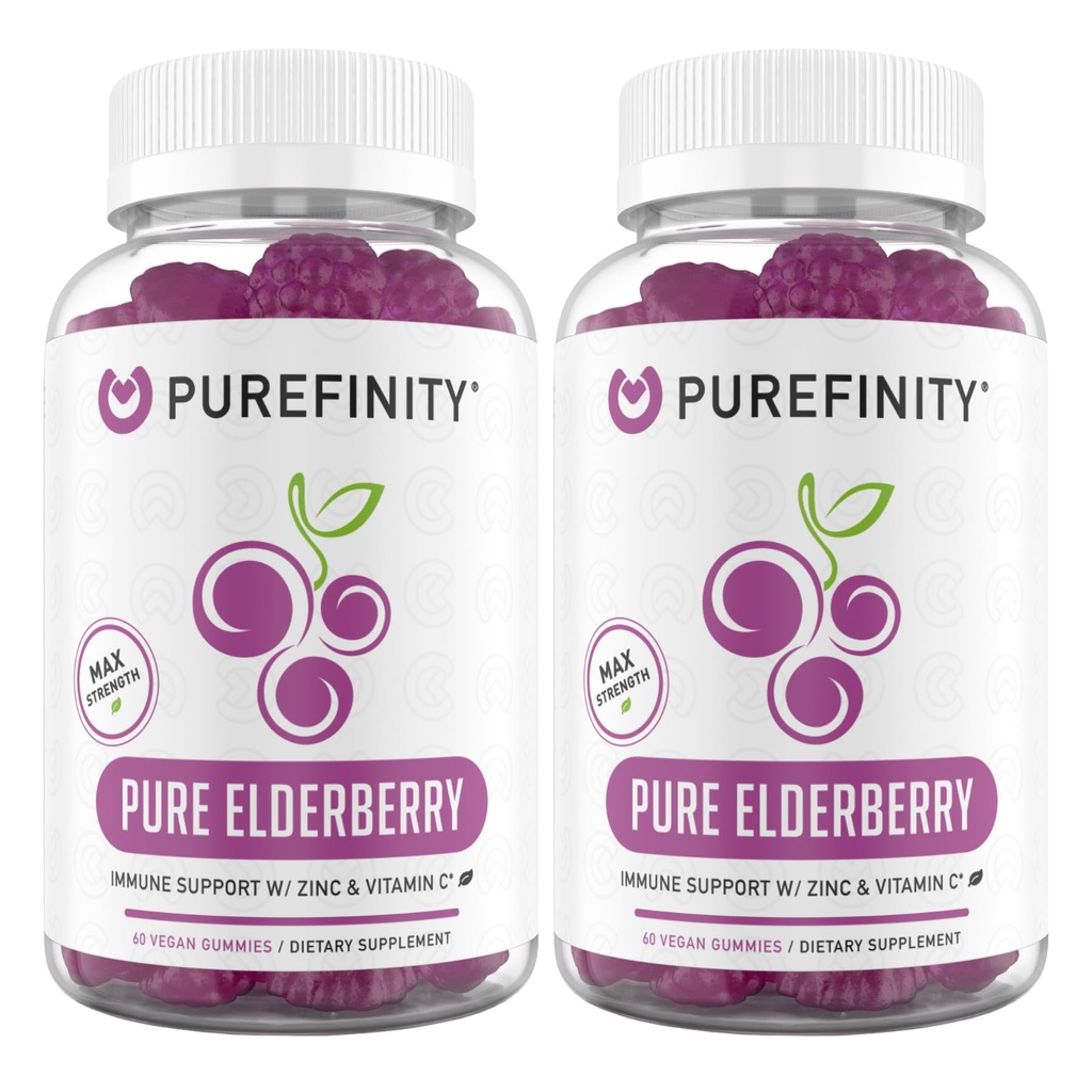 PUREFINIDAD Gummies de Elderberry con Sambucus, Vitamina C y Zinc – Tu suplemento diario perfecto para adultos de niños – Gluten Gratis, No GMO, Vegan, 60 Cuenta (Pack of 2)