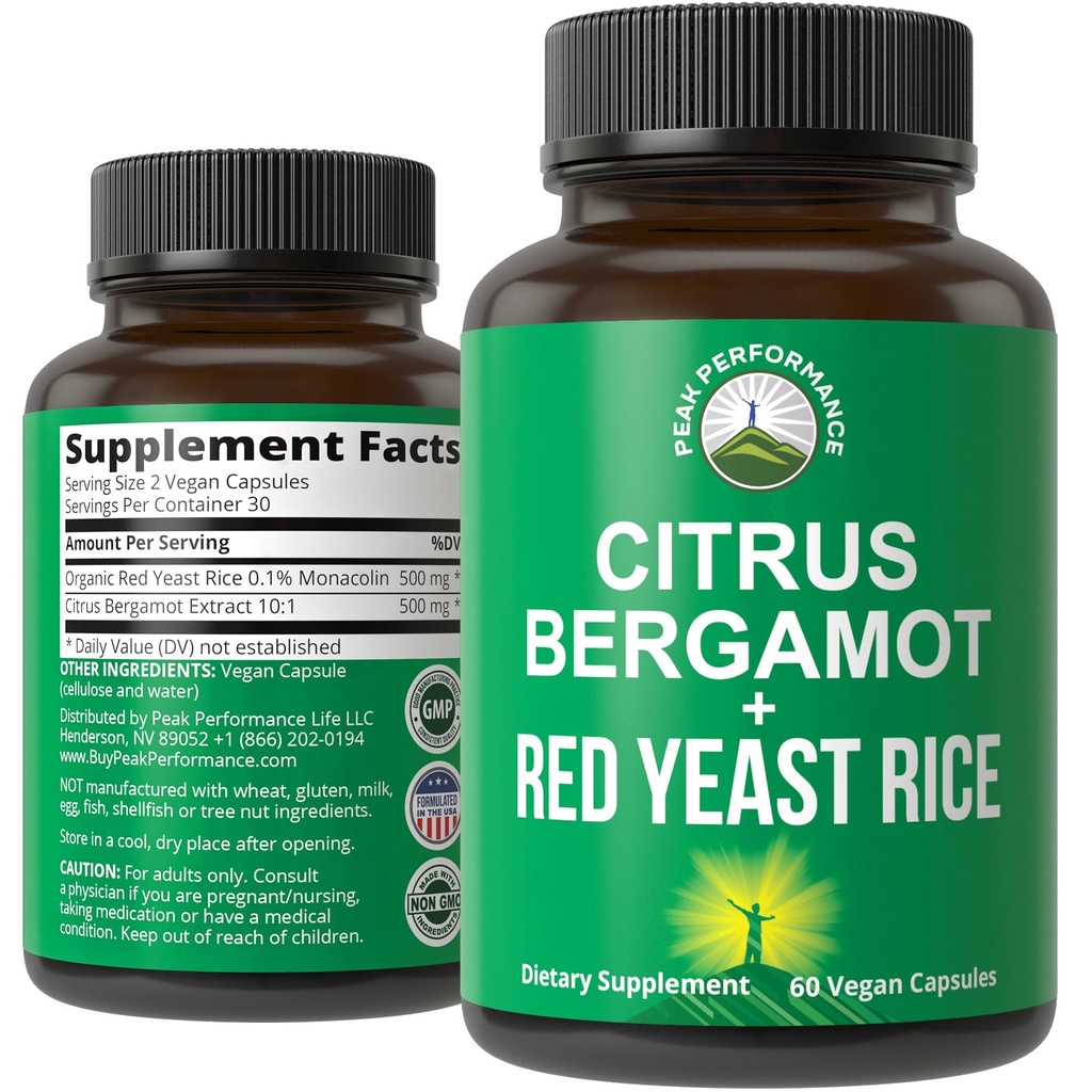 Citrus Bergamot + Rice de levadura roja. 2-en-1 Suplemento. High Strength 10:1 Extracto de Bergamot. Sin gluten, cero azúcar, cápsulas veganas