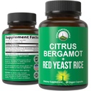 Citrus Bergamot + Rice de levadura roja. 2-en-1 Suplemento. High Strength 10:1 Extracto de Bergamot. Sin gluten, cero azúcar, cápsulas veganas