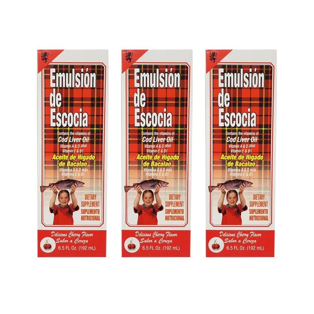 Emulsion de Escocia Cod Liver Oil Suplemento dietético. Rica en vitaminas A, D, E y B1. Cherry Flavoured. 6.5 Fl Oz / 192 mL. Paquete de 3