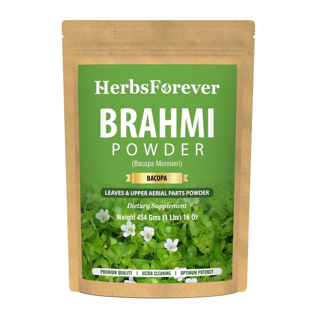HerbsForever Brahmi Powder I 100% Puro Bacopa Monnieri I Natural Herbal Suplemento – No GMO, Vegan, Gluten-Free Apoyo Wellness – Premium Quality 454 GMS