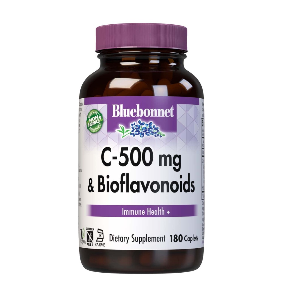 Bluebonnet Nutrition C-500 mg Plus Bioflavonoids Caplets, Vitamina C 500 mg, Citrus Bioflavonoids 250 mg, para Immune Health, Soy Free, Gluten Free, Non-GMO, Kosher, Dairy Free, Vegan, 180 Caplets