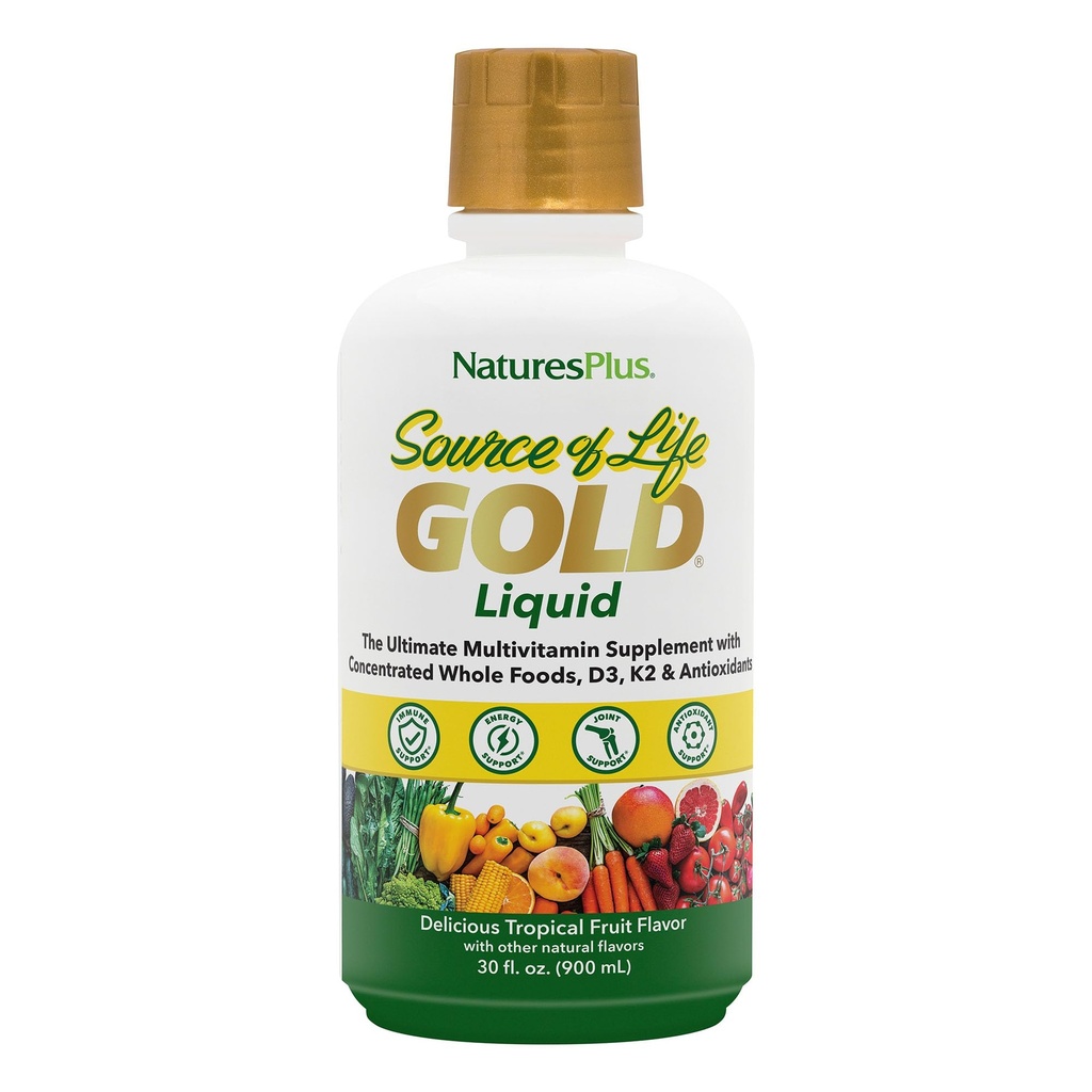 NaturesPlus Source of Life Gold Multivitamin Liquid 30 oz Supports Energy Production, Healthy Immune System & Well-Being Incluye vitaminas D3, B12, K2 &amp; Over 120 Whole Food Nutrients - 30 Servings