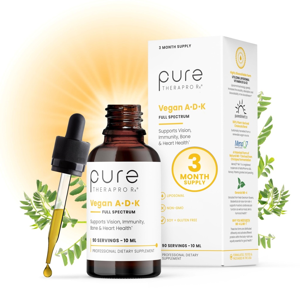 Terapro puro Rx Vegan A-D-K gotas 10 Ml, Hecho en EE.UU. TENIDO 3 Mes Fuente ANTE Vitamina A (Palmitate), Vitamina Liposomal D3 (Pureshine), Vitamina Liposomal K2 (MK-4 &amp; MK-7) Soporta la inmunidad &amp; Bone Health
