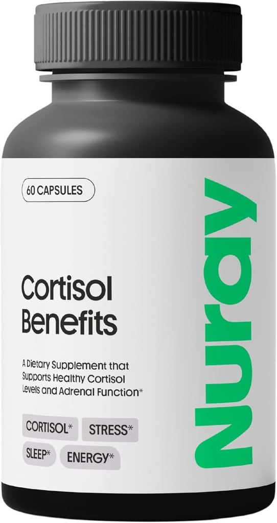 Nuray Cortisol Ventajas Suplemento - Apoyo Adrenal con Rhodiola Rosea Suplemento, Ashwaghanda - Sin gluten, Vegetariano, Promueve Energía - 60 cápsulas