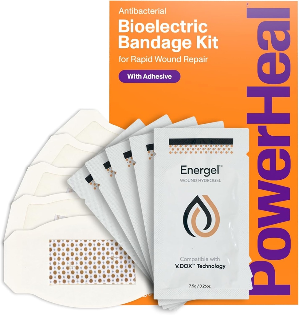 Kit de Bandage Bioeléctrico PowerHeal para el Cuidado de los Límites " Sanación rápida: 3 capas w/Bioelectric Pad, Absorbent Pad, Adhesive + Wound Hydrogel – para Cortes, Abrasiones, Blisters, Burns – 5-Pack, 2.3" x 3.5"