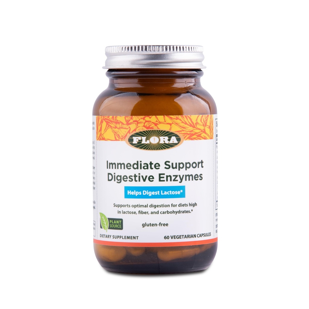Flora - Apoyo Inmediata Enzymes Digestivos - Apoyo Lactosa Digestión, Bloating, Heartburn & Gas - Contiene 7 Enzimas - Gluten-Free - 60 cápsulas vegetarianas