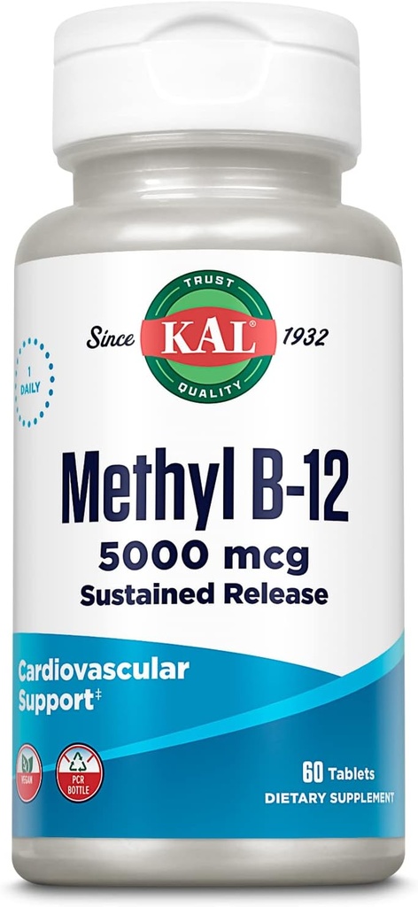 KAL Vitamina B12 Methylcobalamin 5000mcg, Energía saludable, metabolismo, Nerve &amp; Red Blood Cell Support,* Fast Dissolve ActivMelts, Optimal Absorption, Natural Raspberry Flavor, 90 Servings, 90 Micro Tabs