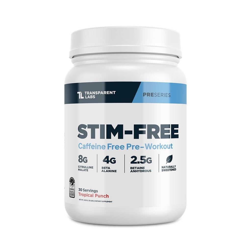 Laboratorios transparentes Etim-Free Pre-Workout - Caffeine &amp; Stim Free Pre Workout Powder para Hombres y Mujeres con Beta Alanine Powder, Citrulline Malate, & elevATP - 30 Servings, Tropical Punch