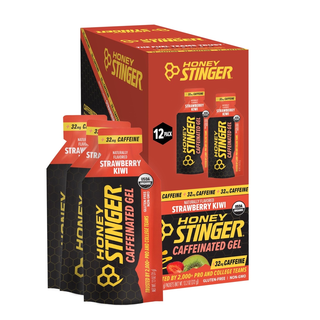 Honey Stinger Organic Strawberry Kiwi Energy Gel, Caffeinated & Gluten Free, for Exercise, Running and Performance, Sports Nutrition for Home & Gym, Pre and Mid Workout, 12 Pack, 13.2 Ounce
