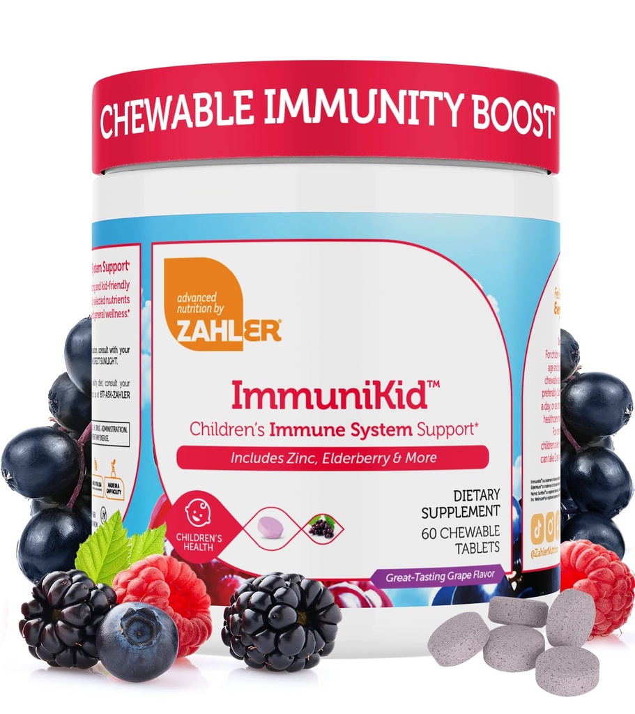Zahler Kids Immune Support Suplemento con Elderberry, Zinc y Vitamina C D3 A - Grape Flavored Chewable Tablets - Kosher for Kids Ages 4 and Up, 60 Count