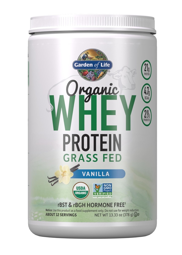 Garden of Life Grass Fed Whey Protein Powder Vanilla - 21g Protein for Women &amp; Men + Probiotics - 12 Servings - Gluten Free, Non GMO, Kosher, Humane, RBST & rBGH Hormone Free