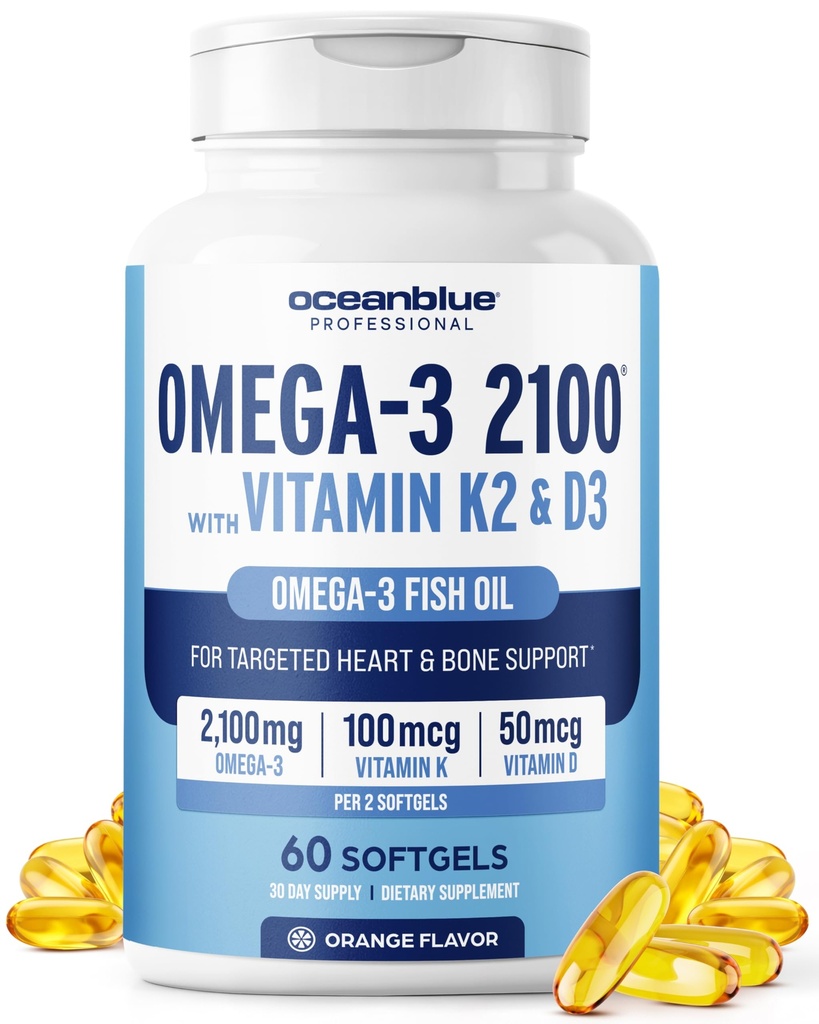 Oceanblue Professional Omega-3 2100 con vitamina K2 y vitamina D3-60 Conde - Triple Strength Burples Fish Oil Omega-3 Suplemento con EPA, DHA &amp; DPA - Wild Caught - Orange Flavor, 30 Servimientos