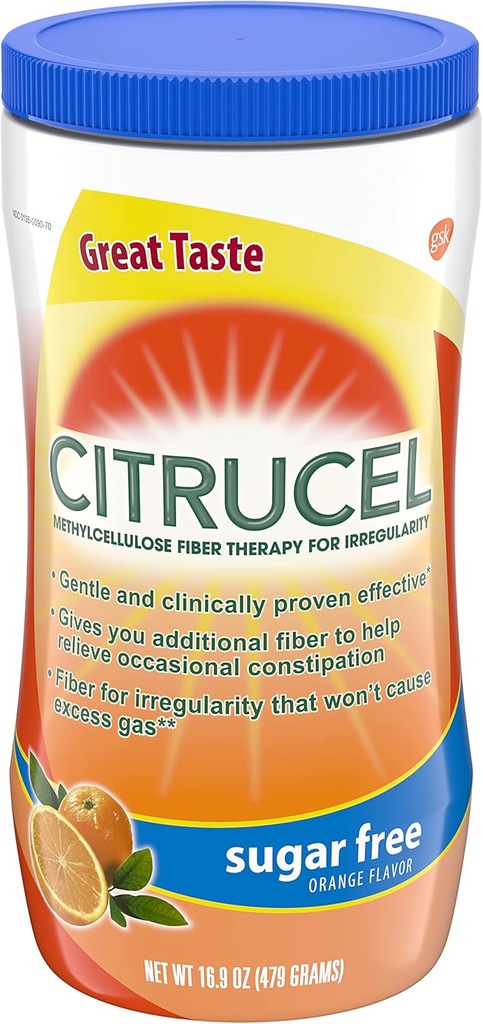 Citrucel Sugar Powder libre de fibra para alivio de estreñimiento ocasional, polvo de fibra de metilcelulosa, sabor naranja - 16.9 onzas