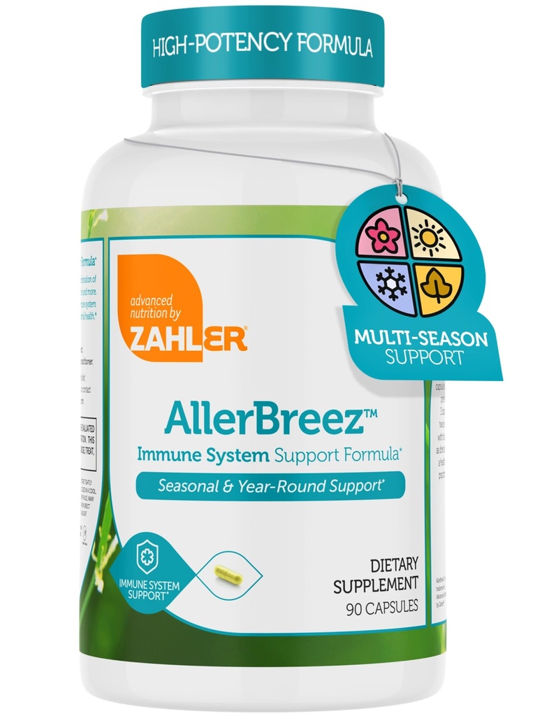 Zahler AllerBreez Immune System Support Fórmula con Vitamina C, Quercetina, Vitamina B5, MSM &amp; Stinginging Nettle - Suplemento de Apoyo Estacional &amp; Año-Round Immune, Suplemento de Alergia Dhist (90 cápsulas)