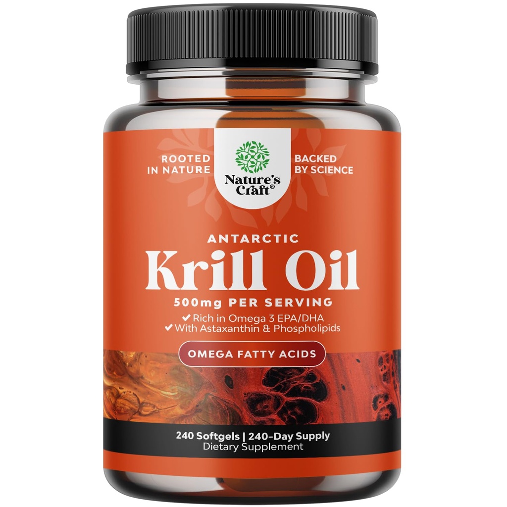Antártico Krill Oil 500mg Softgels - Omega 3 Krill Oil Supplement with EPA DHA " Astaxanthin for Brain Joint & Heart - 3rd Party Lab Tested No Gluten GMOs or Fishy Aftertaste (Up to 8 Month Supply)