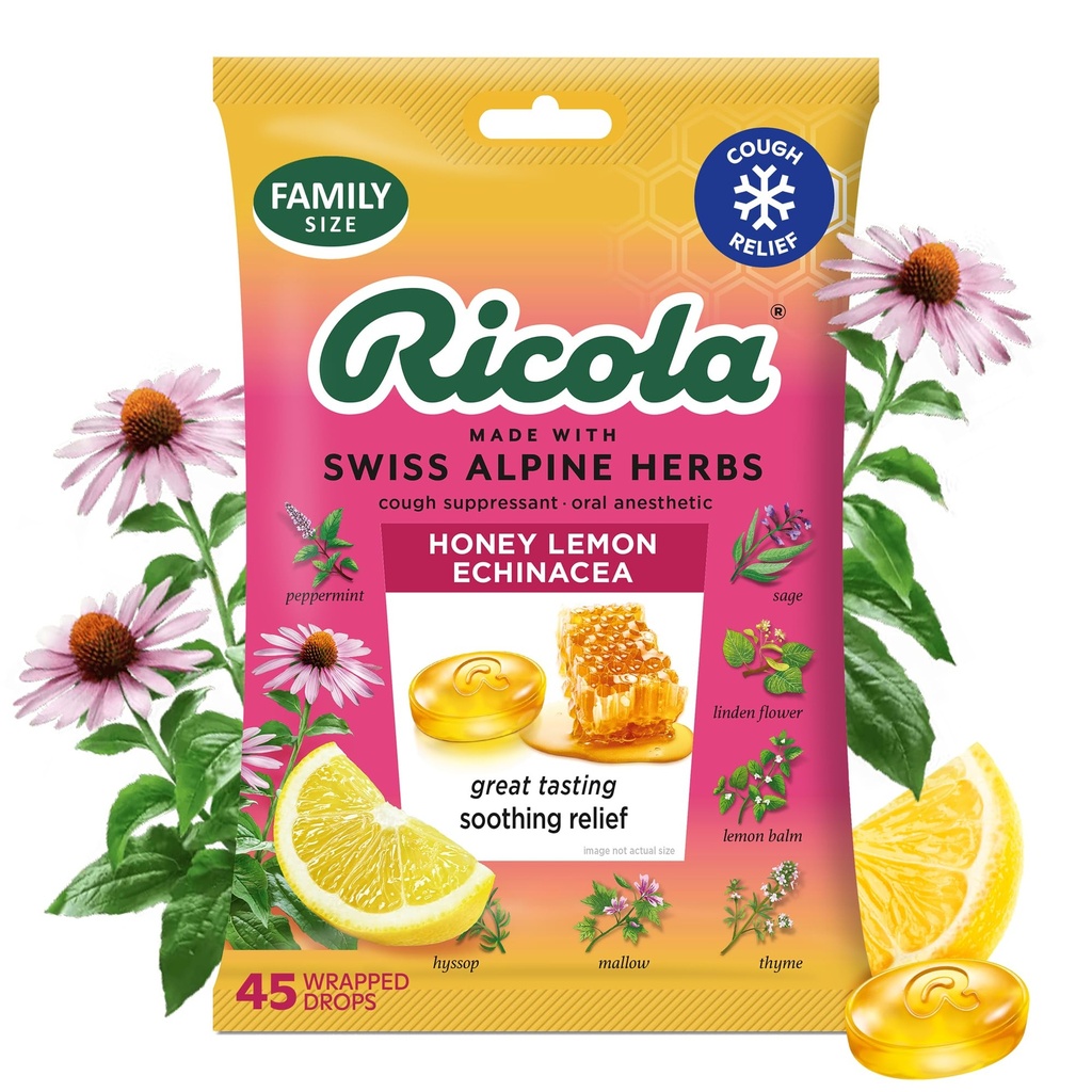 Ricola Honey Lemon with Echinacea Cough Drops, 45 Conde, Delicious Throat Relief & Care, Oral Anesthetic, Naturally Flavored
