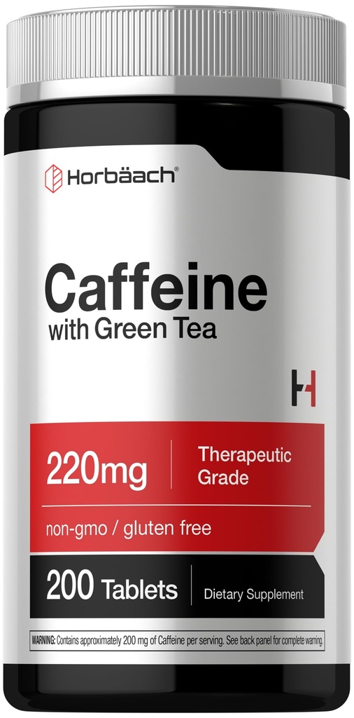 Horbäach Caffeine Pills 200mg  with Green Tea ← 200 Tablets ← Vegetarian, Non-GMO &amp; Gluten Free