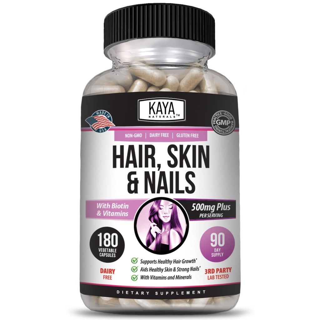 Kaya Naturales Piel Piel Piel Capsules BIOTIN Vitamina D Vitamina B-12 A Folic Acid Support, Hair Support Vitamin Suplemento - 180 Conde