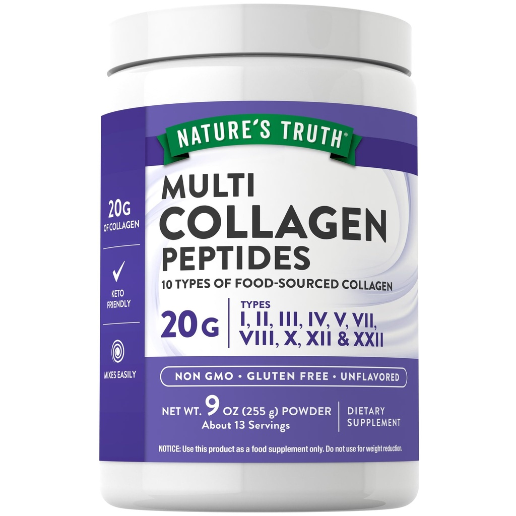 La verdad de la naturaleza Multi Collagen Peptide Powder TENIDO 9 oz TENIDO Tipo I, II, III, V, X TENIDO ANTERIOR Desarrollado ANTE No GMO &amp; Gluten Suplemento Libre