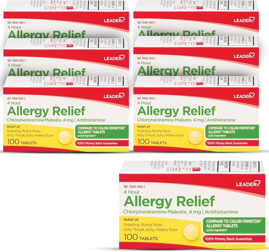 Líder 4 horas Alivio de Alergia, Clorpheniramine Maleate Tablets, Antihistamina, 4 mg, 100 Conde (Pack of 6)