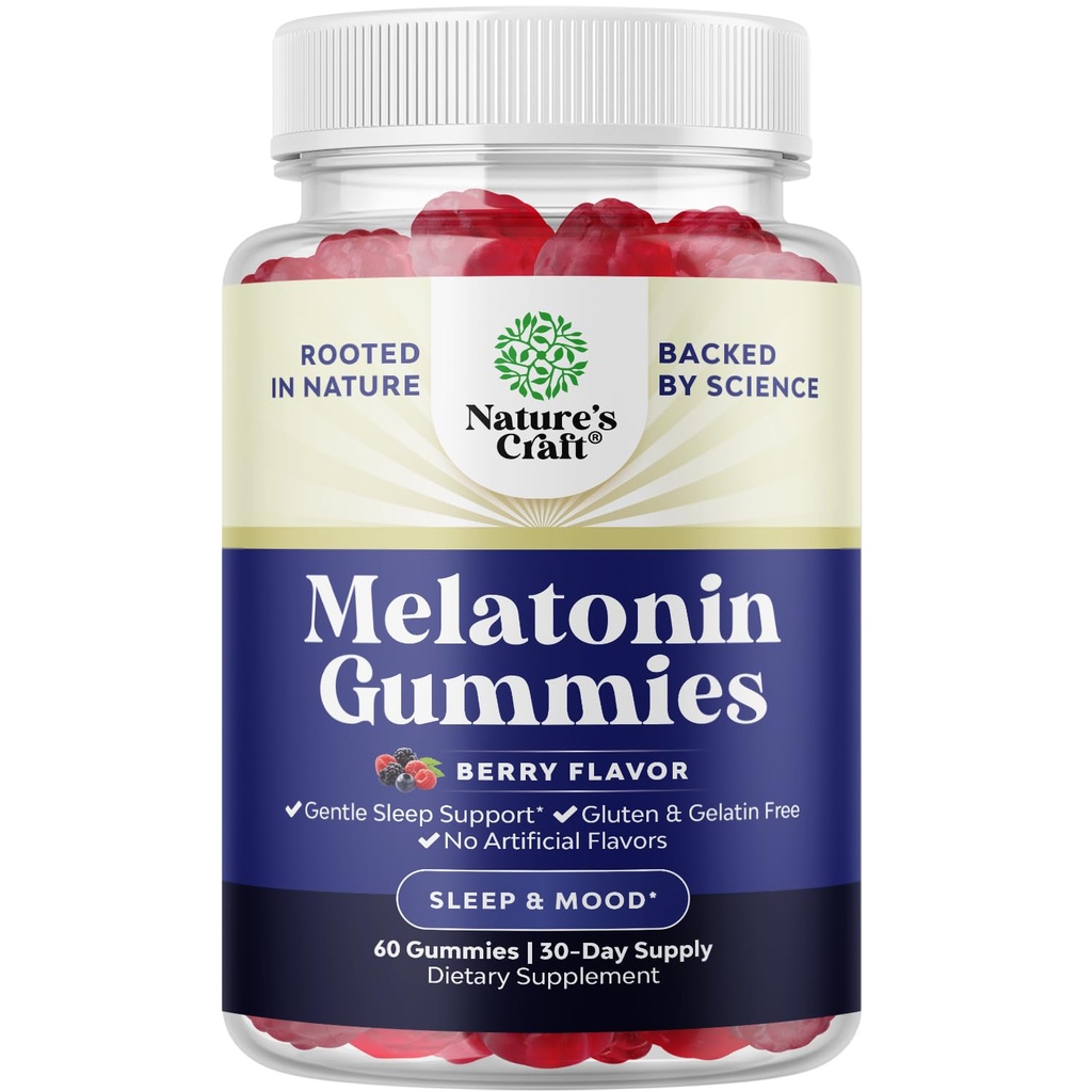Melatonin Gummies 5mg for Peaceful Nights - Easy to Chew Sleep Gummies for Adults - Helps Support Circadian Rhythm - Delicious Strawberry Flavor - Non-Habit Forming Sleep Aid - Gelatin Free - 60 Count