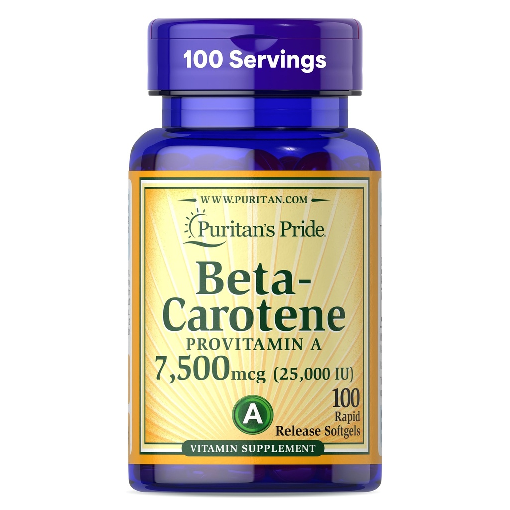 Puritan Pride Beta Carotene Provitamin A 7,500mcg (25,000 UI), Suplemento de vitaminas para el sistema inmunitario, Antioxidante y soporte de salud ocular, 100 Day Supply, 100 Rapid Release Softgels