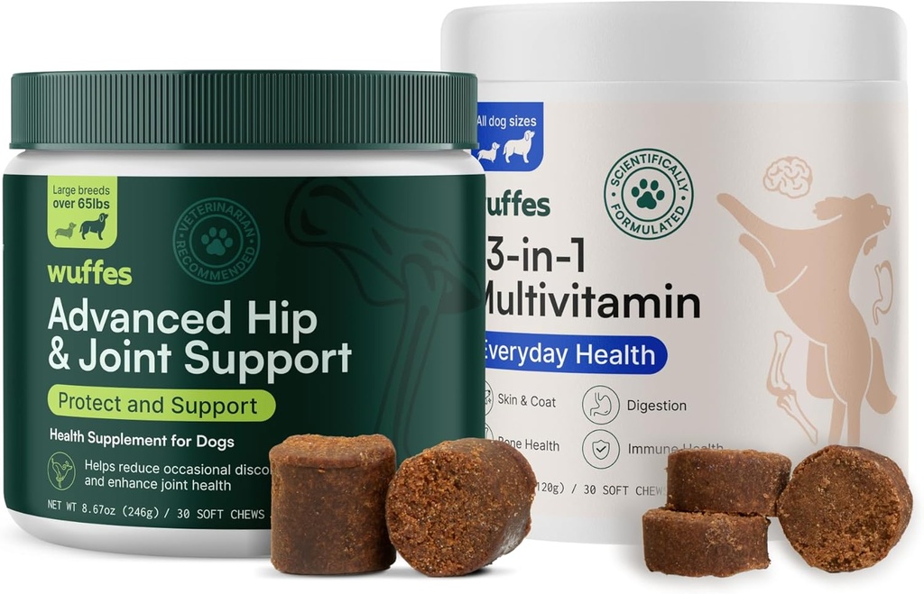 Wuffes Hip y suplemento conjunto para grandes razas y 23 en-1 multivitamina Bundle