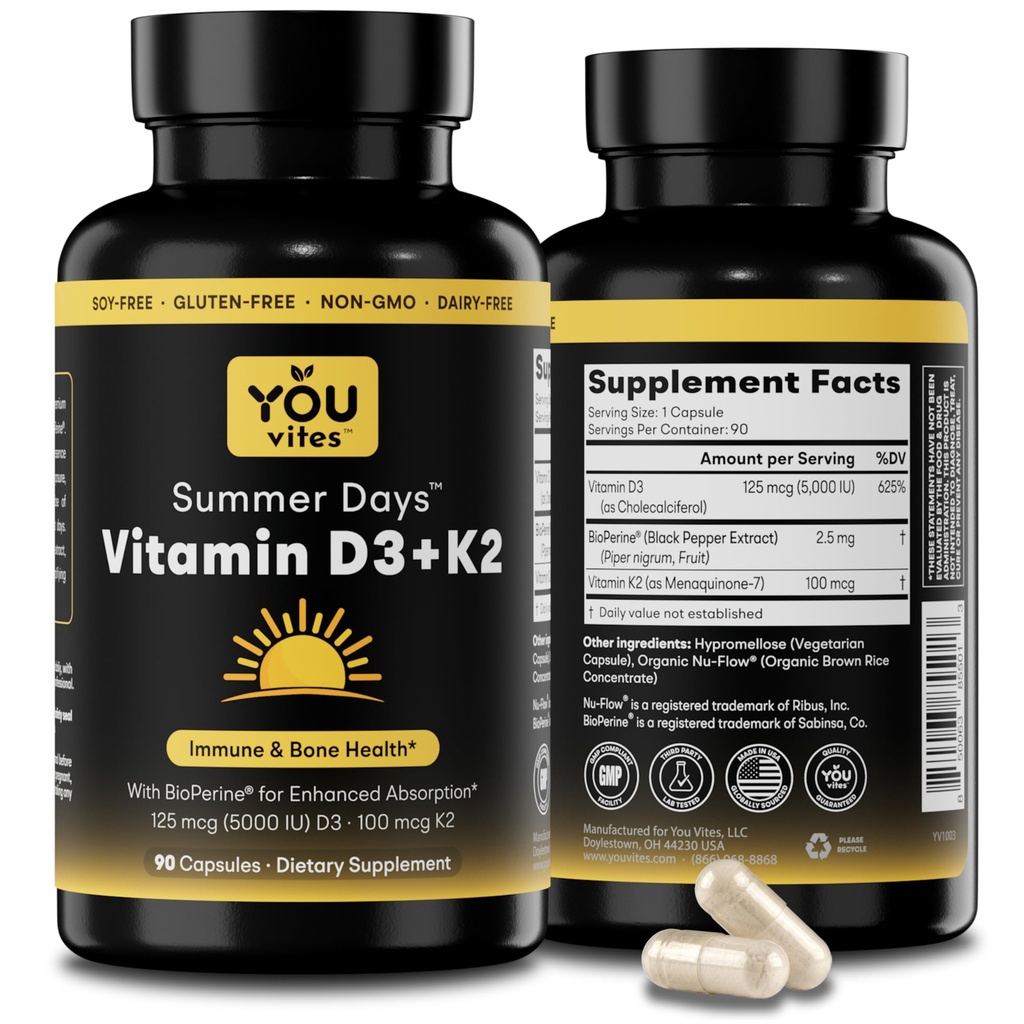 Vitamina D3 + K2 - Max Absorption, 5000 UI D3 &amp; 100 mcg K2 MK-7 (Menaquinone-7) con BioPerine - Bone, Heart &amp; Immune Support - Non-GMO, Gluten Free, Soy Free - 90 cápsulas - Suplemento diario